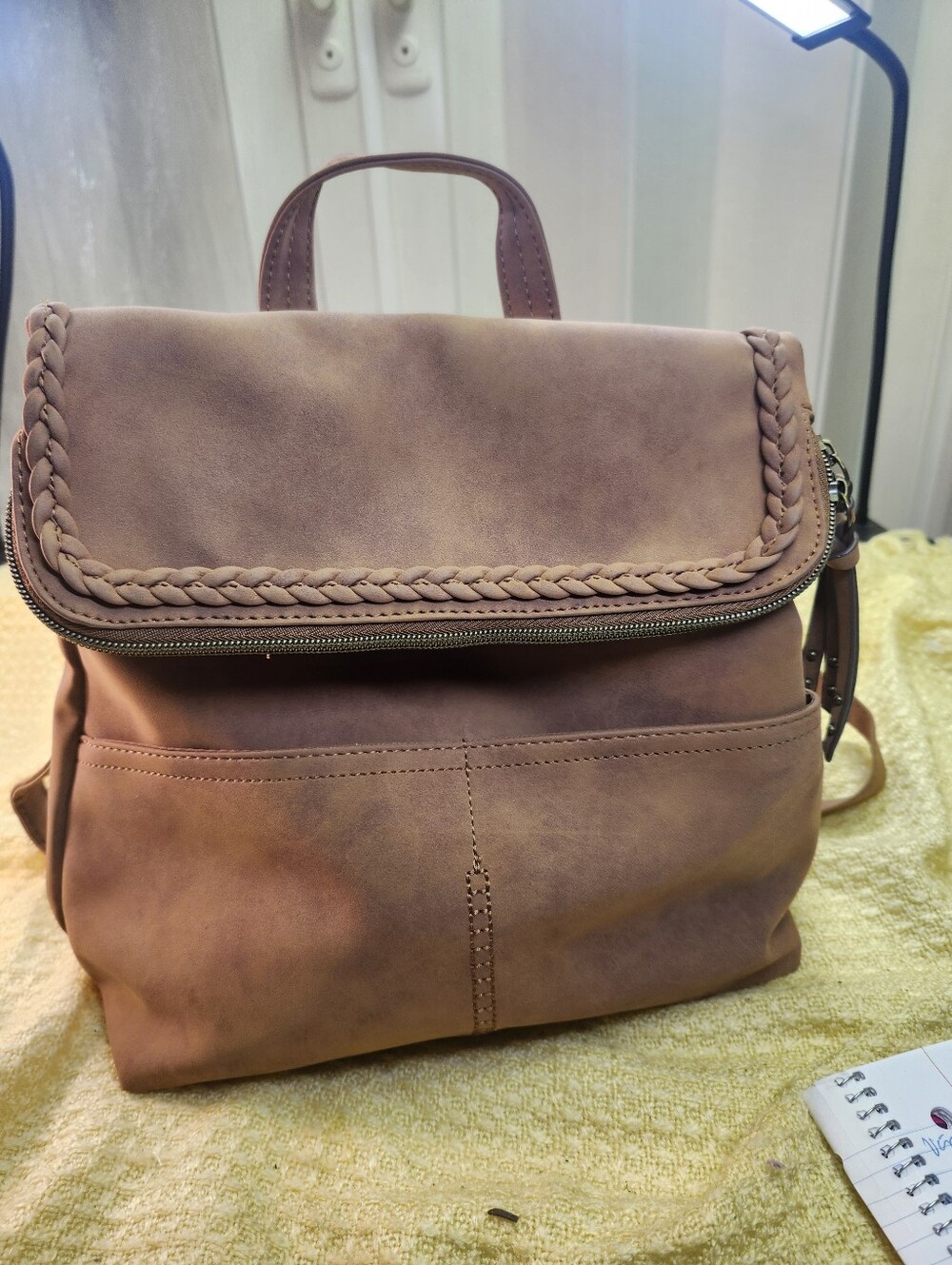 Women’s Blush Brown Faux Leather Backpack - Braided Flap